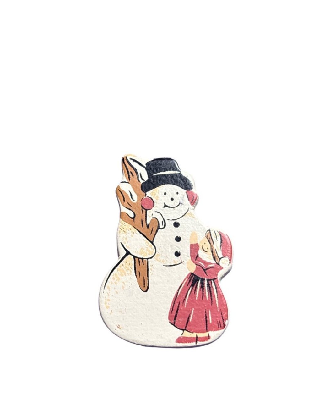 Vintage Wooden Snowman Lapel Tack Pin Little Girl 1 3/8 inches